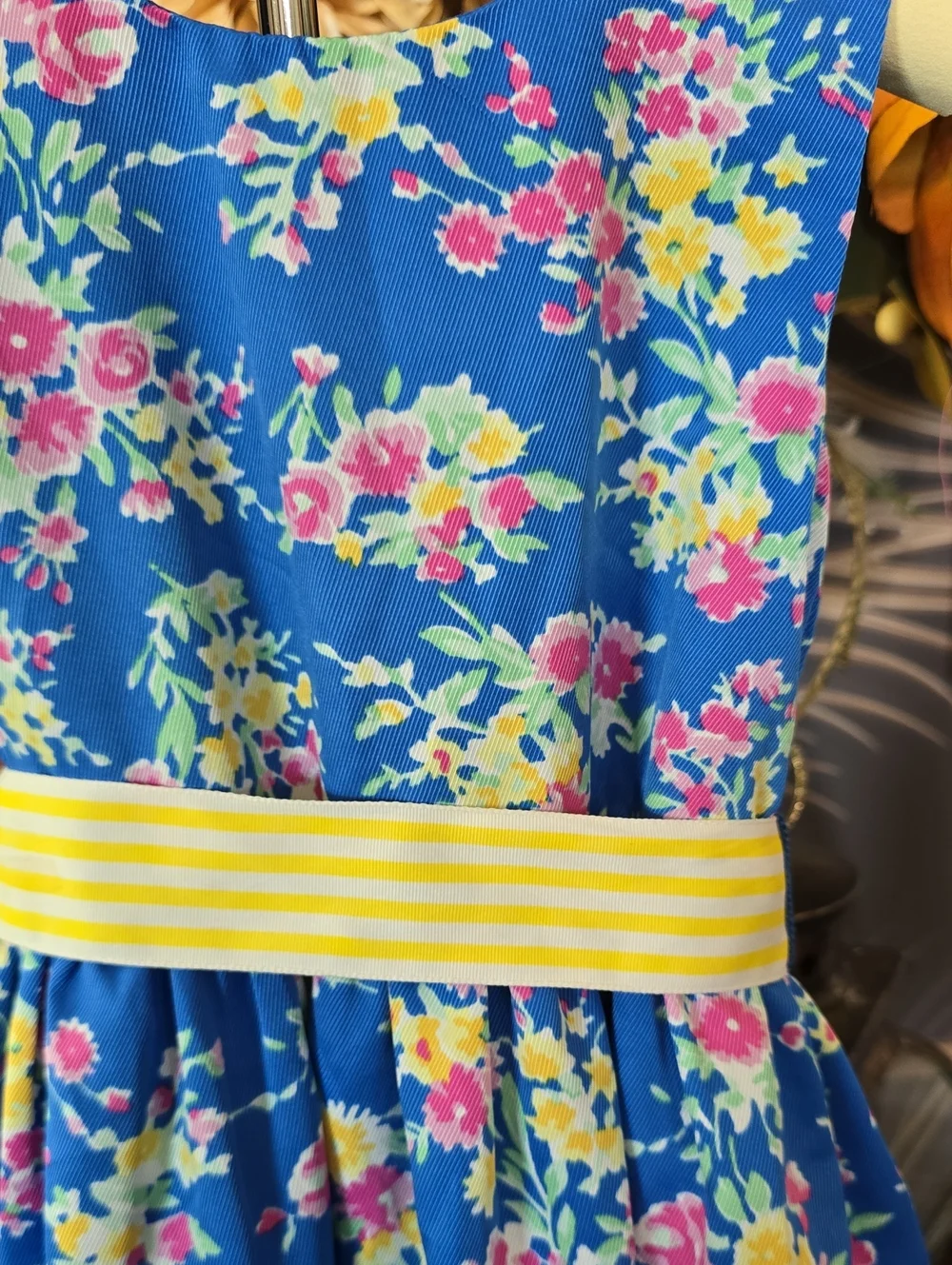 Ralph Lauren Bright Blue Floral Sundress Yellow Striped Waistband 12 18 Month